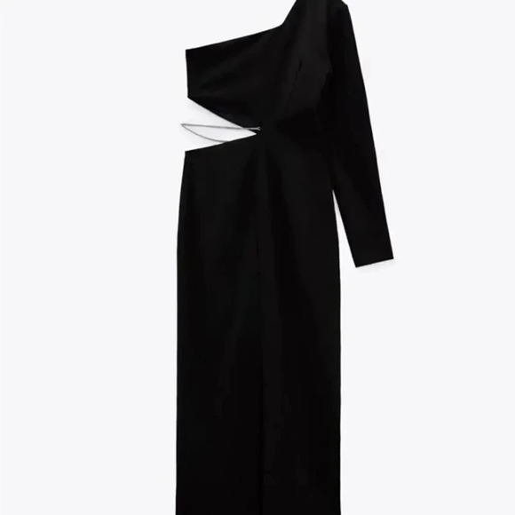 ZARA Black Asymmetric Embellished Cut Out Chain One Shoulder Dress 2712/345 - Picture 4 of 7